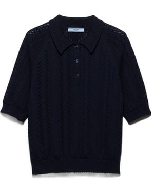 Prada Short-Sleeved Openwork Cotton Polo Shirt - Blue