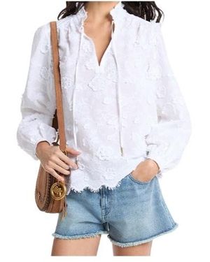 Michael Kors Floral Embroidered Cotton Voile Blouse - White