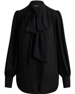Ralph Lauren Tie-Neck Blouson-Sleeve Blouse - Black
