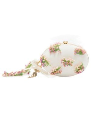 Self-Portrait Cream Satin Floral Beaded Oval Clutch - White
