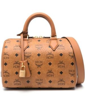 MCM All-Over Logo Printed Zip-Up Tote Bag - Brown