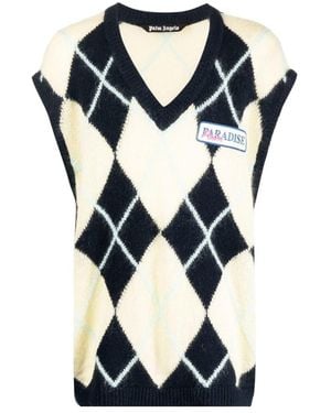 Palm Angels Logo-Patch Argyle Knitted Vest - Blue