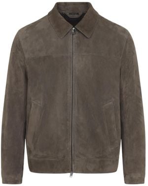Brioni Long-Sleeve Zip-Up Leather Jacket - Gray