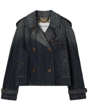 Burberry Double-Breasted Cropped Denim Jacket - Blue