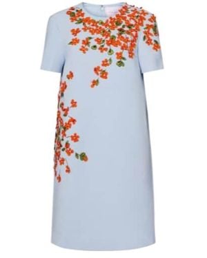 Carolina Herrera Floral-Appliqué Crêpe Shift Dress - Blue