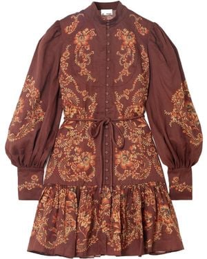 ALÉMAIS Belted Tiered Printed Ramie Mini Dress - Brown