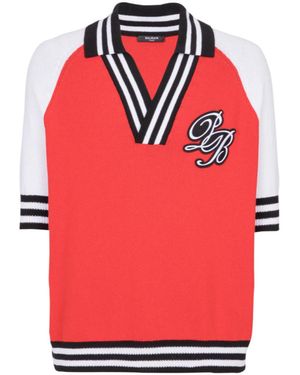 Balmain Varsity Knitted V-neck Polo - Red