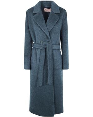 Twinset Self-Tie Belted Double-Breasted Coat - Blue