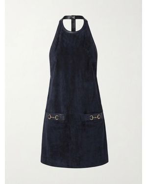 Gucci Halterneck Leather-Trimmed Suede Mini Dress - Blue