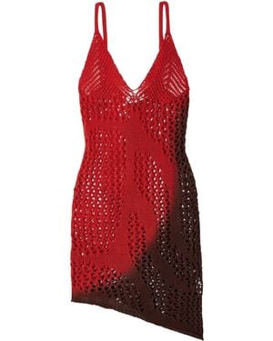 The Attico Asymmetric Ombré Open-Knit Cotton Mini Dress - Red
