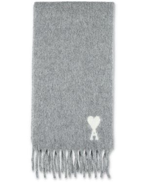 Ami Paris Ami Paris Alpaca Wool Blend Scarf With Ami De Coeur Logo - Grey