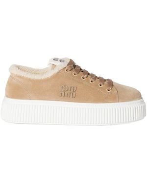 Miu Miu Logo-Detailed Lace-Up Sneakers - Natural