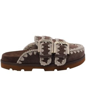 Mou Stitch Detail Buckle Mules - Brown