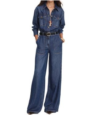 Self-Portrait Denim Relaxed Fit Jumpsuit - Blue