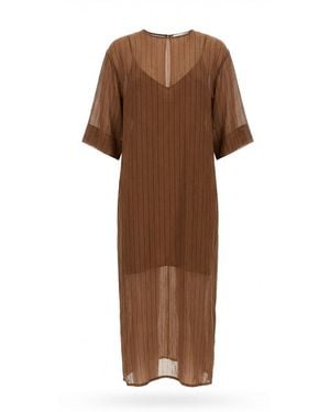 Alysi Short Sleeved Striped Midi Dress - Brown