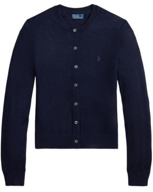 Polo Ralph Lauren Crewneck Embroidered-Logo Wool Cardigan - Blue