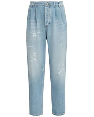 Brunello Cucinelli Lightweight Denim Iconic Fit Five-Pocket Pants With Double Pleats And Rips - Blue
