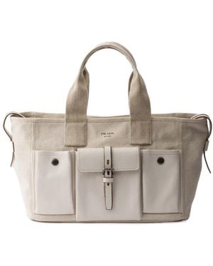 Prada Route Large Canvas And Leather Tote Bag - Natural