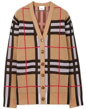 Burberry Checked V-Neck Cardigan - Brown
