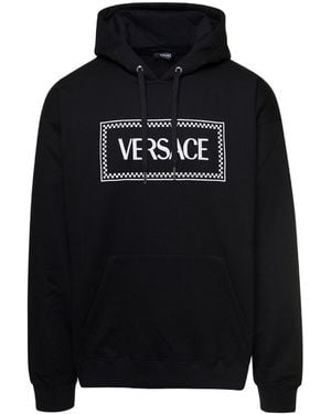 Versace Embroidered-90S Vintage Logo Drawstring Hoodie - Black