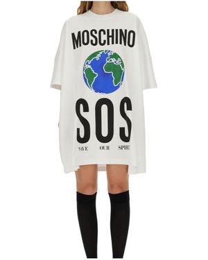 Moschino Logo-Printed Crewneck Dress - White