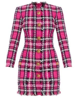 Balmain Checked Tweed Mini Dress - Red