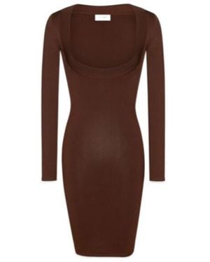 Saint Laurent Décolleté Long-Sleeved Knitted Dress - Brown