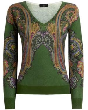 Etro Silk And Cashmere Sweater With V-Neck And Placed Paisley-Print - Green