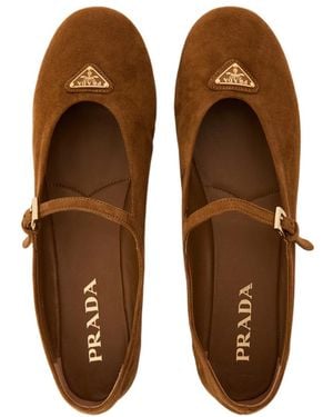 Prada Triangle Logo Suede Ballerinas - Brown