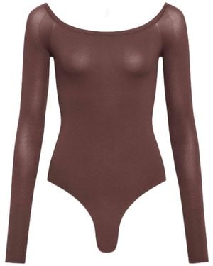 Alaïa Alaïa Second-Skin Knit Off-Shoulder Bodysuit - Brown