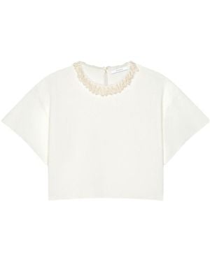 Givenchy Crewneck Pearl Detailed Cropped T-Shirt - White