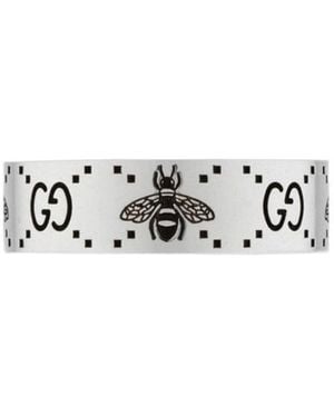 Gucci Gg And Bee Engraved Wide Ring - White
