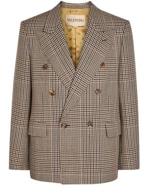 Valentino Houndstooth Double-Breasted Wool Blazer - Brown
