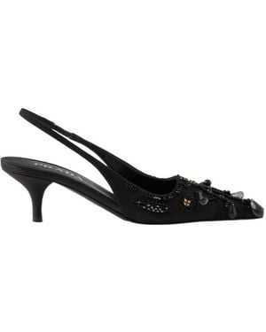 Prada Embroidered Satin Slingback Pumps - Black