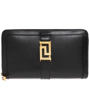 Versace Logo Detailed Zipped Wallet - Black