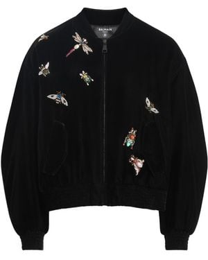 Balmain Embroidered Velvet Insect Bomber Jacket - Black