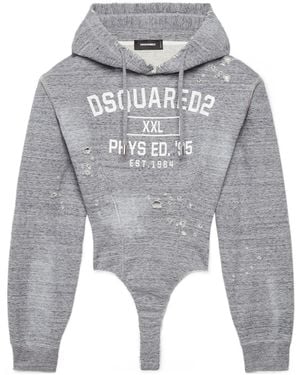 DSquared² Logo Printed Hooded Distressed Bodysuit - Grey