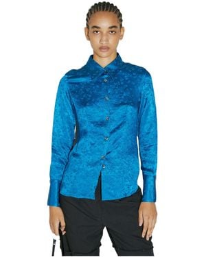 Song For The Mute Floral Embroidered Crinkle Fitted Shirt - Blue