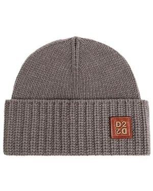 DSquared² Logo-Patch Ribbed-Knit Beanie Hat - Brown