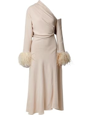 16Arlington Adelaide One-Shoulder Feather-Trimmed Crepe Maxi Dress - Natural