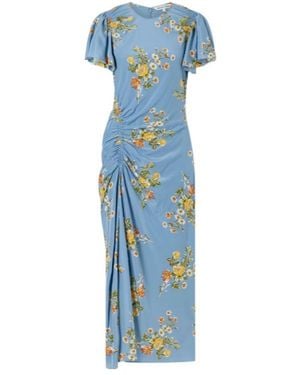 Veronica Beard Gathered Floral-Print Silk-Blend Satin Midi Dress - Blue
