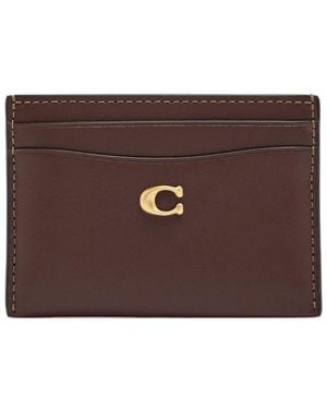 COACH Solid Color Leather Card Holder - Brown