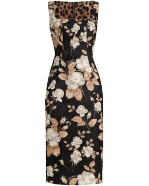 Dolce & Gabbana Rose-Print Square-Neck Midi Dress - Black