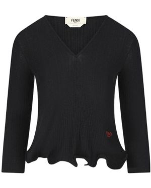 Fendi V-Neck Ruffled-Hem Ribbed Top - Black