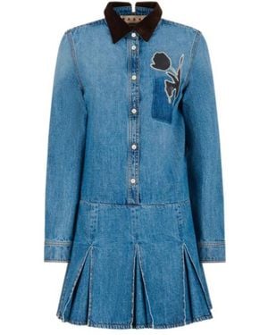 Marni Denim Mini Dress With Pleated Skirt - Blue