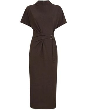 Brunello Cucinelli Techno Wool Jersey Wrap Belt Dress With Monili - Brown