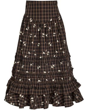 Ganni Embroidered Cotton-Poplin Midi Skirt - Brown