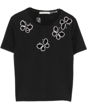 Alice + Olivia Cotton Crystal Embellished Cutout T-Shirt - Black