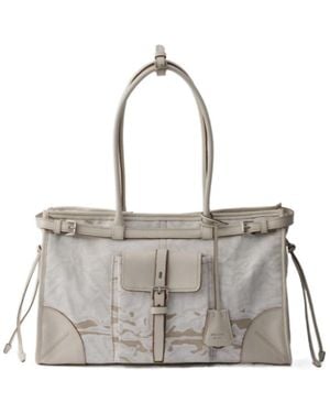 Prada Bonnie Large Printed Linen And Leather Handbag - Grey