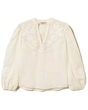 Twinset Embroidered V-Neck Blouse - Natural